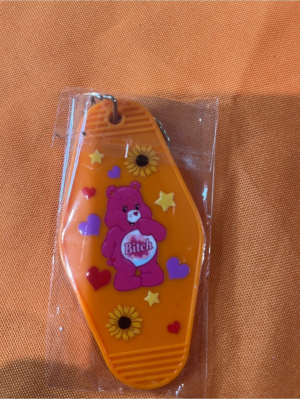 Orange Bear Keychain with Pink Bear and Sunflower Design